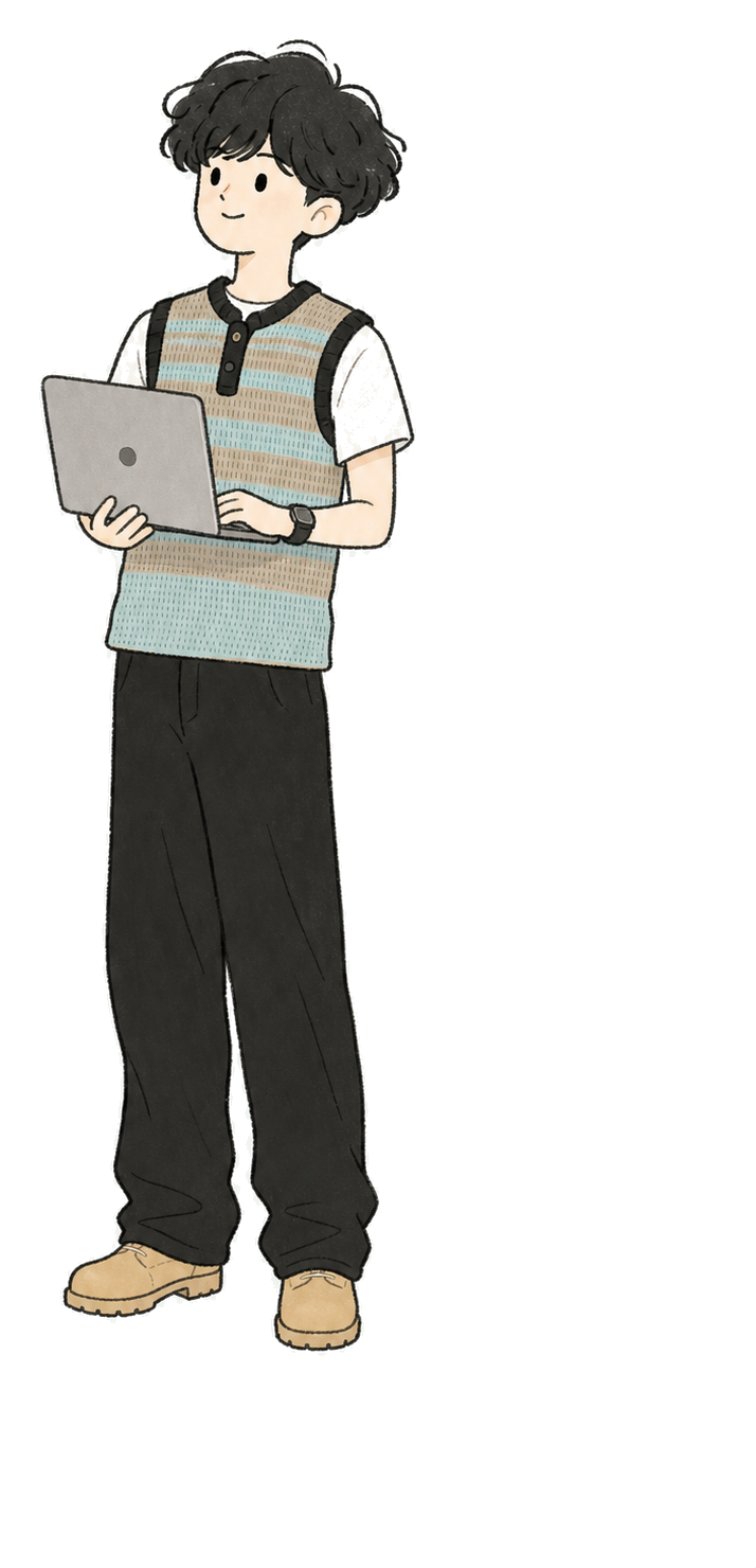パソコンを持って上を向いている人物イラスト
